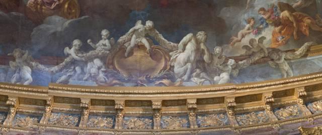 François Lemoyne, « Cartel des Pommes des Hespérides et du Centaure Nessus », détail de l'Apothéose d'Hercule, Salon d'Hercule, Château de Versailles