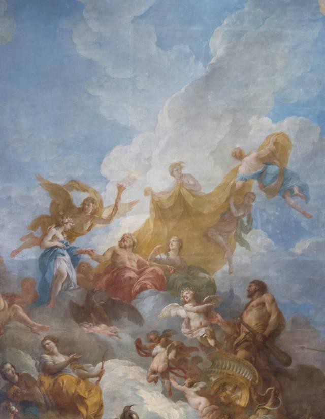 François Lemoyne, « under a Curtain supported by the Satellites of Jupiter », detail of The Apotheosis of Hercules, Salon d'Hercule (Hercules Room) of the Palace of Versailles François Lemoyne, « under a Curtain supported by the Satellites of Jupiter », detail of The Apotheosis of Hercules, Salon d'Hercule (Hercules Room) of the Palace of Versailles