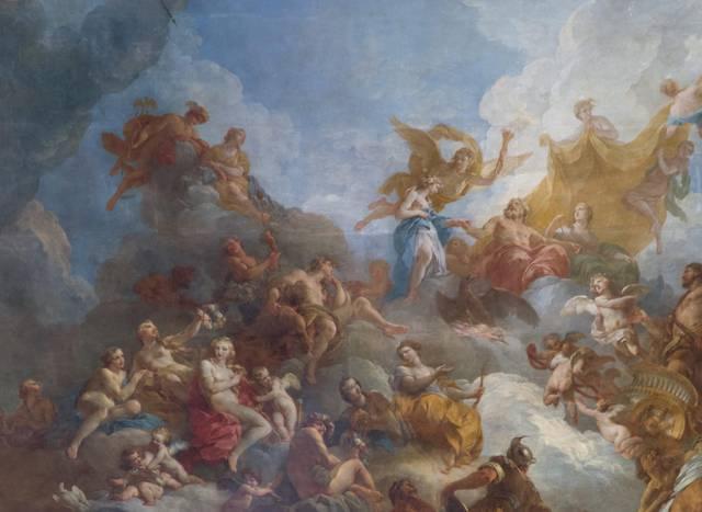 François Lemoyne, « Cupidon regarde d'un œil malin et dédaigneux l'Amour de la Vertu », détail de l'Apothéose d'Hercule, Salon d'Hercule, Château de Versailles François Lemoyne, « Cupidon regarde d'un œil malin et dédaigneux l'Amour de la Vertu », détail de l'Apothéose d'Hercule, Salon d'Hercule, Château de Versailles