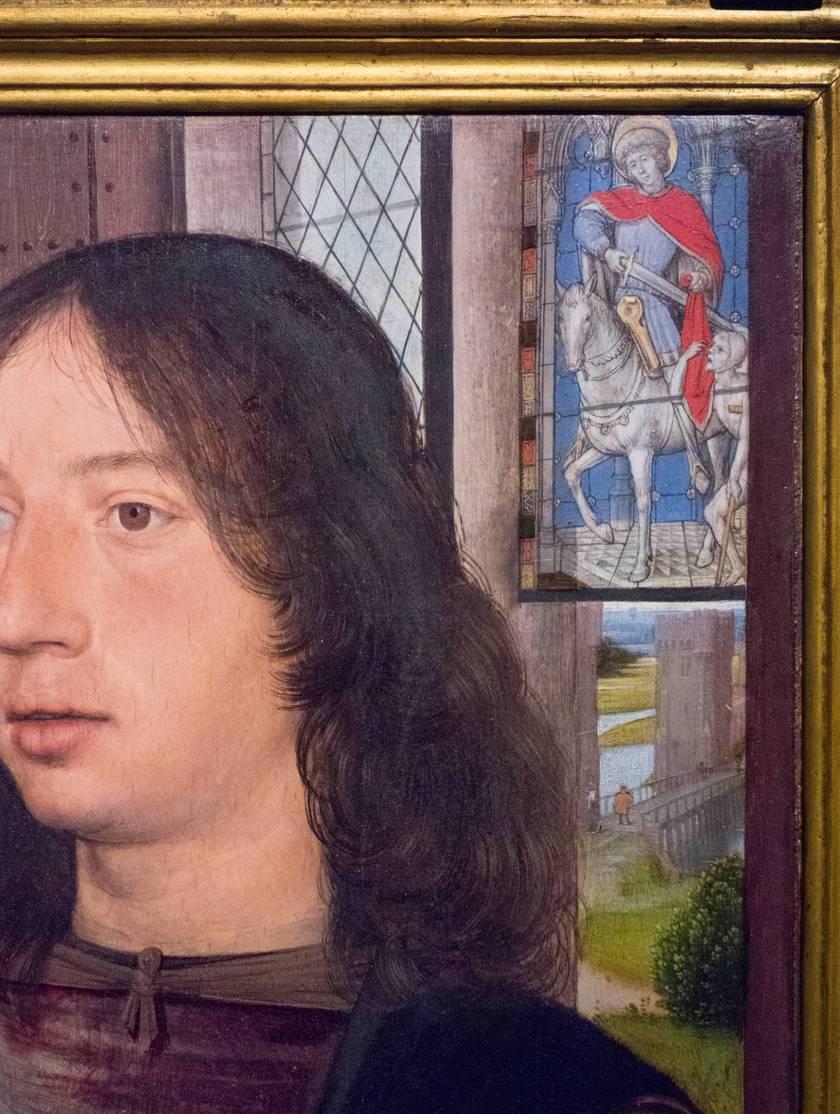 “Saint Martin donne la moitié de son manteau à un pauvre”, “Vue sur Minnewater”, détails du panneau de droite “Portrait de Maarten van Nieuwenhove”, Musée Hans Memling, Hôpital Saint-Jean, Bruges (Brugge)