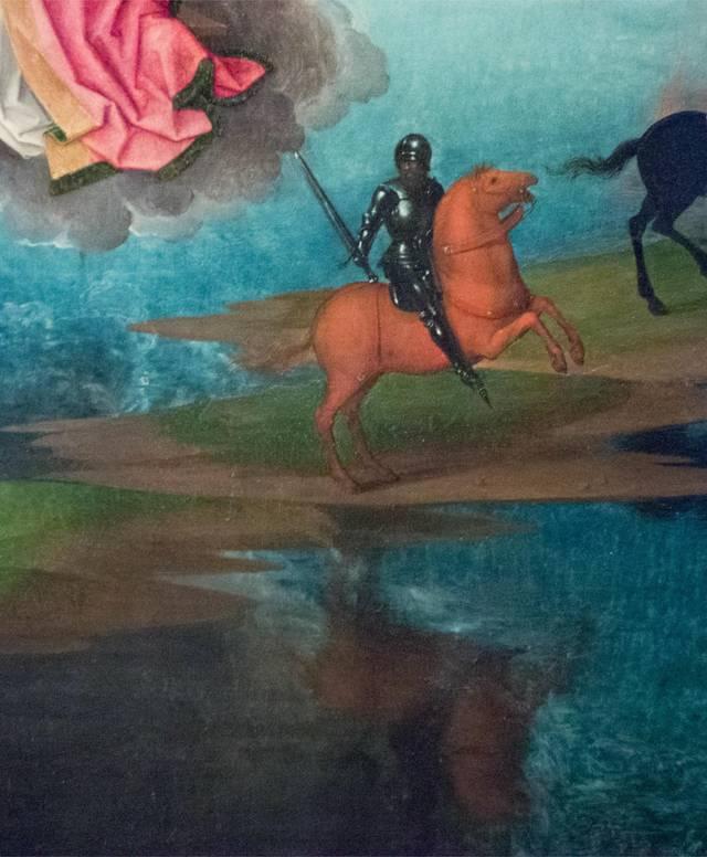 Hans MEMLING, “Triptych of John the Baptist and John the Evangelist”, detail of the right inner shutter, “the black horsee feu”, Memling Museum, Old St. John's Hospital, Bruges (Brugge) Hans MEMLING, “Triptych of John the Baptist and John the Evangelist”, detail of the right inner shutter, “the black horsee feu”, Memling Museum, Old St. John's Hospital, Bruges (Brugge)