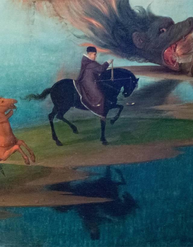 Hans MEMLING, “Triptych of John the Baptist and John the Evangelist”, detail of the right inner shutter, “the black horse”, Memling Museum, Old St. John's Hospital, Bruges (Brugge) Hans MEMLING, “Triptych of John the Baptist and John the Evangelist”, detail of the right inner shutter, “the black horse”, Memling Museum, Old St. John's Hospital, Bruges (Brugge)