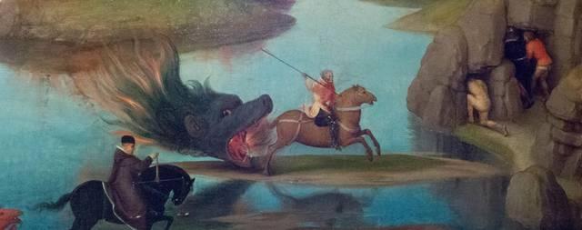 Hans MEMLING, “Triptych of John the Baptist and John the Evangelist”, detail of the right inner shutter, “the black horse, Death, Hades”, Memling Museum, Old St. John's Hospital, Bruges (Brugge) Hans MEMLING, “Triptych of John the Baptist and John the Evangelist”, detail of the right inner shutter, “the black horse, Death, Hades”, Memling Museum, Old St. John's Hospital, Bruges (Brugge)