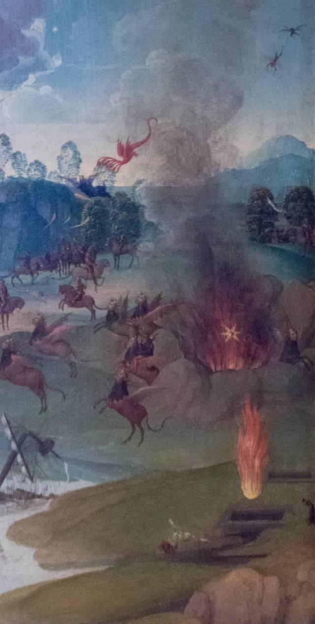 Hans MEMLING, “Triptych of John the Baptist and John the Evangelist”, detail of the right inner shutter, “the fall of the star called «Wormwood»”, Memling Museum, Old St. John's Hospital, Bruges (Brugge) Hans MEMLING, “Triptych of John the Baptist and John the Evangelist”, detail of the right inner shutter, “the fall of the star called «Wormwood»”, Memling Museum, Old St. John's Hospital, Bruges (Brugge)