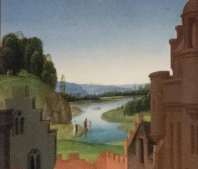 ハンス・メムリンク筆《洗礼者ヨハネと福音書記者ヨハネの三連画》、左翼パネルの内面の上部の詳細、《ヨルダン川のほとりでイエスを洗礼する洗礼者ヨハネ》、メムリンク美術館、聖ヨハネ施療院、ブルージュ(ブルッヘ) ハンス・メムリンク筆《洗礼者ヨハネと福音書記者ヨハネの三連画》、左翼パネルの内面の上部の詳細、《ヨルダン川のほとりでイエスを洗礼する洗礼者ヨハネ》、メムリンク美術館、聖ヨハネ施療院、ブルージュ(ブルッヘ)