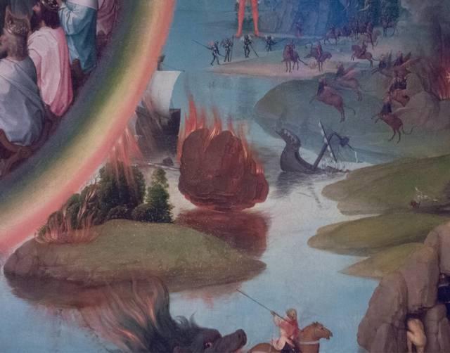 Hans MEMLING, “Triptych of John the Baptist and John the Evangelist”, detail of the right inner shutter, fall of “a great burning mountain was thrown into the sea”, Memling Museum, Old St. John's Hospital, Bruges (Brugge) Hans MEMLING, “Triptych of John the Baptist and John the Evangelist”, detail of the right inner shutter, fall of “a great burning mountain was thrown into the sea”, Memling Museum, Old St. John's Hospital, Bruges (Brugge)