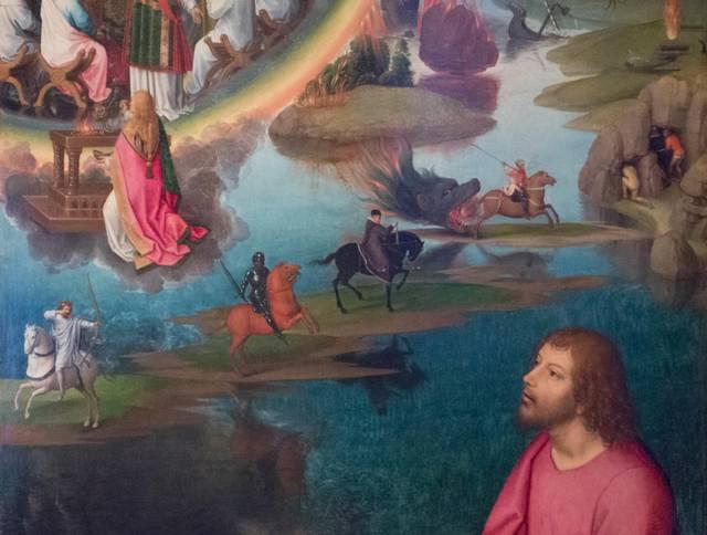 Hans MEMLING, “Triptych of John the Baptist and John the Evangelist”, detail of the right inner shutter, “landscape around the four horsemen”, Memling Museum, Old St. John's Hospital, Bruges (Brugge) Hans MEMLING, “Triptych of John the Baptist and John the Evangelist”, detail of the right inner shutter, “landscape around the four horsemen”, Memling Museum, Old St. John's Hospital, Bruges (Brugge)