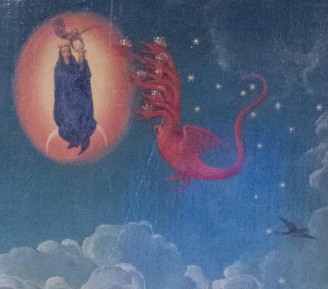 Hans MEMLING, “Triptych of John the Baptist and John the Evangelist”, detail of the right inner shutter, “The woman and the dragon”, Memling Museum, Old St. John's Hospital, Bruges (Brugge) Hans MEMLING, “Triptych of John the Baptist and John the Evangelist”, detail of the right inner shutter, “The woman and the dragon”, Memling Museum, Old St. John's Hospital, Bruges (Brugge)