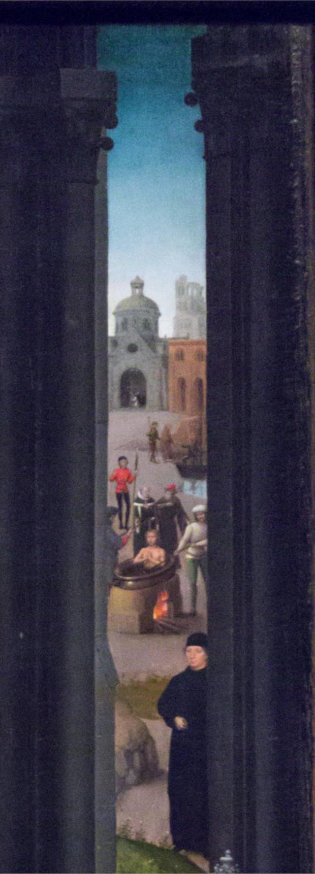 Hans MEMLING, “Triptych of John the Baptist and John the Evangelist”, detail of the central panel, “Salding of John the Evangelist by order of Emperor Domitian in front of the Latin Gate in Rome and departure for exile in the island of Patmos”, Memling Museum, Old St. John's Hospital, Bruges (Brugge) Hans MEMLING, “Triptych of John the Baptist and John the Evangelist”, detail of the central panel, “Salding of John the Evangelist by order of Emperor Domitian in front of the Latin Gate in Rome and departure for exile in the island of Patmos”, Memling Museum, Old St. John's Hospital, Bruges (Brugge)