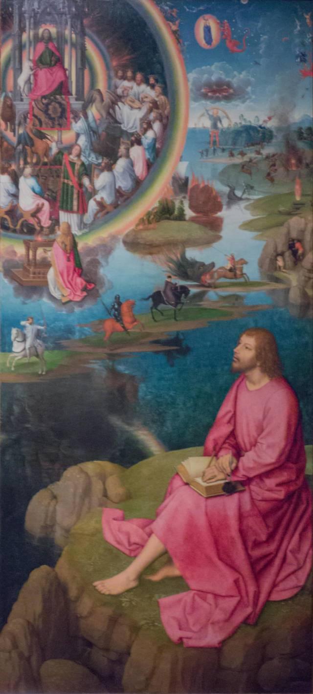 Hans MEMLING, “Triptych of John the Baptist and John the Evangelist”, detail of the right inner shutter, “John the Evangelist in Patmos”, Memling Museum, Old St. John's Hospital, Bruges (Brugge) Hans MEMLING, “Triptych of John the Baptist and John the Evangelist”, detail of the right inner shutter, “John the Evangelist in Patmos”, Memling Museum, Old St. John's Hospital, Bruges (Brugge)