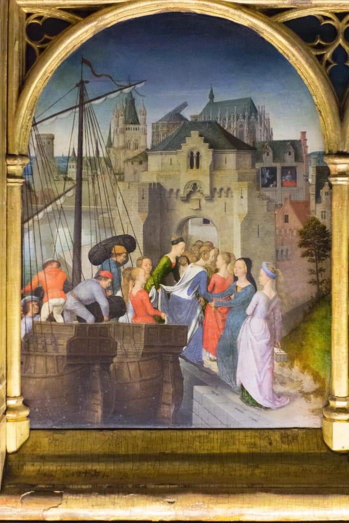 “Arrivée à Cologne”, Châsse de Sainte Ursule, Musée Hans Memling, Hôpital Saint-Jean, Bruges (Brugge) “Arrivée à Cologne”, Châsse de Sainte Ursule, Musée Hans Memling, Hôpital Saint-Jean, Bruges (Brugge)