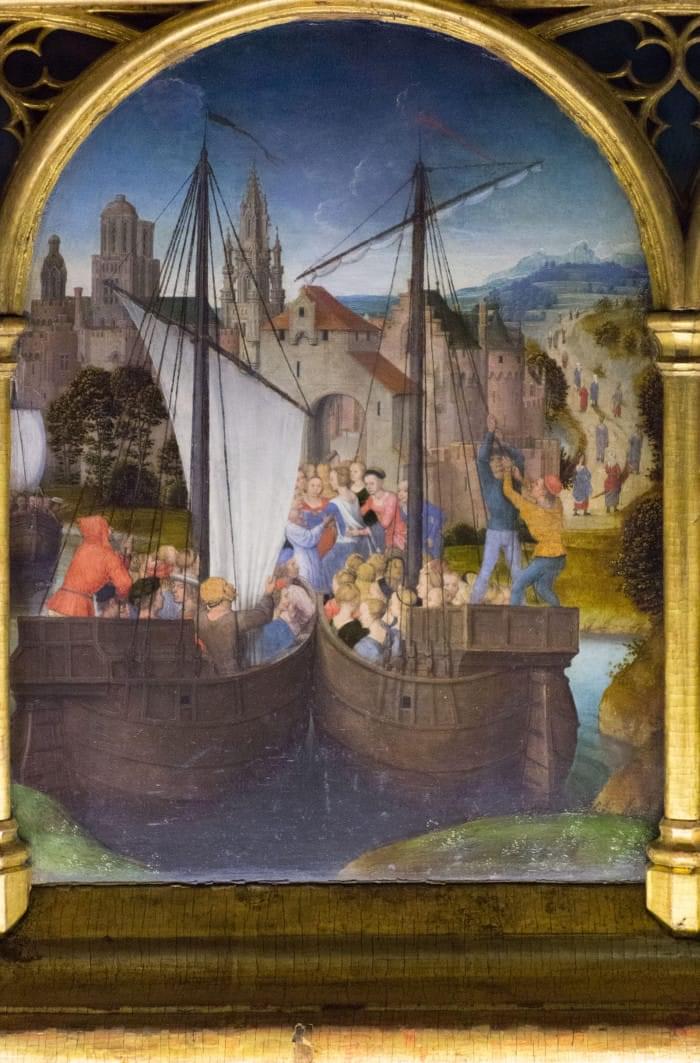 “Arrivée à Bâle”, Châsse de Sainte Ursule, Musée Hans Memling, Hôpital Saint-Jean, Bruges (Brugge) “Arrivée à Bâle”, Châsse de Sainte Ursule, Musée Hans Memling, Hôpital Saint-Jean, Bruges (Brugge)