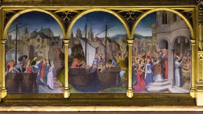 “Arrivée à Cologne”, “Arrivée à Bâle”, “Arrivée à Rome”, Châsse de Sainte Ursule, Musée Hans Memling, Hôpital Saint-Jean, Bruges (Brugge) “Arrivée à Cologne”, “Arrivée à Bâle”, “Arrivée à Rome”, Châsse de Sainte Ursule, Musée Hans Memling, Hôpital Saint-Jean, Bruges (Brugge)